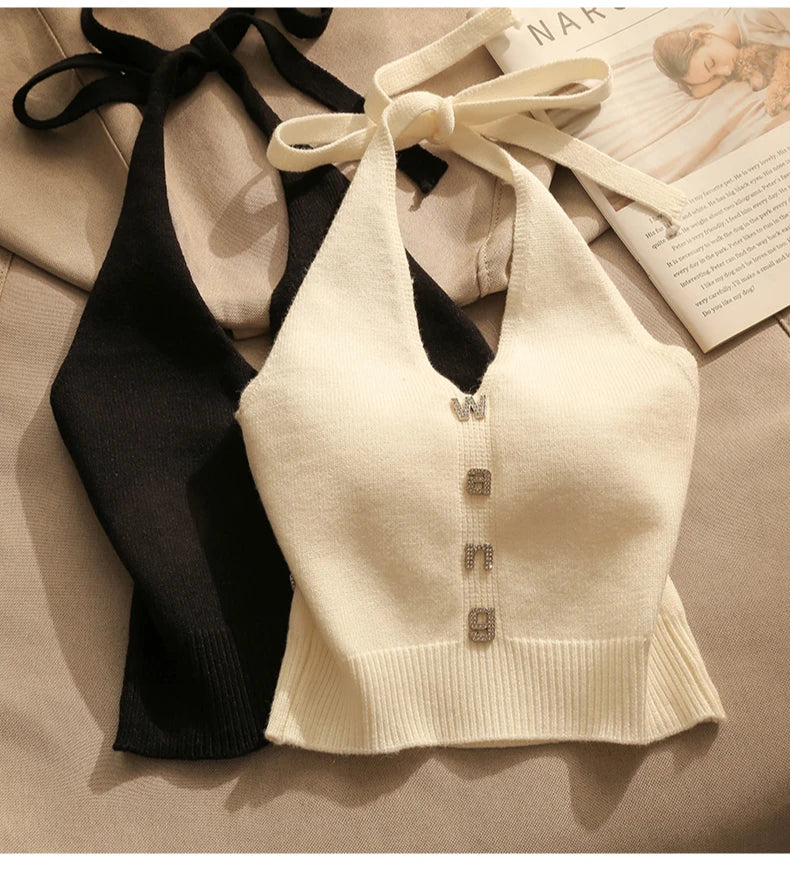 NEW Arrivals Sexy Cross Vest Crop Tops Women Sports T-Shirt Knitted Off Shoulder V-Neck Solid Backless Tank Vest Halter Y2K Top Camisole