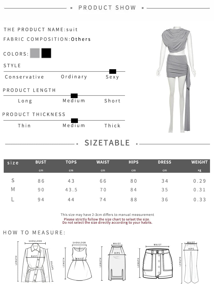 NEW Arrivals 2PCS Set Black/Gray Color Irregular Ruched Suit Women Summer Tank Tops + Side Ribbon Skirts Stretch Matching Casual Simple Street Outfits Evening Beach Bar Party Night Clubwear