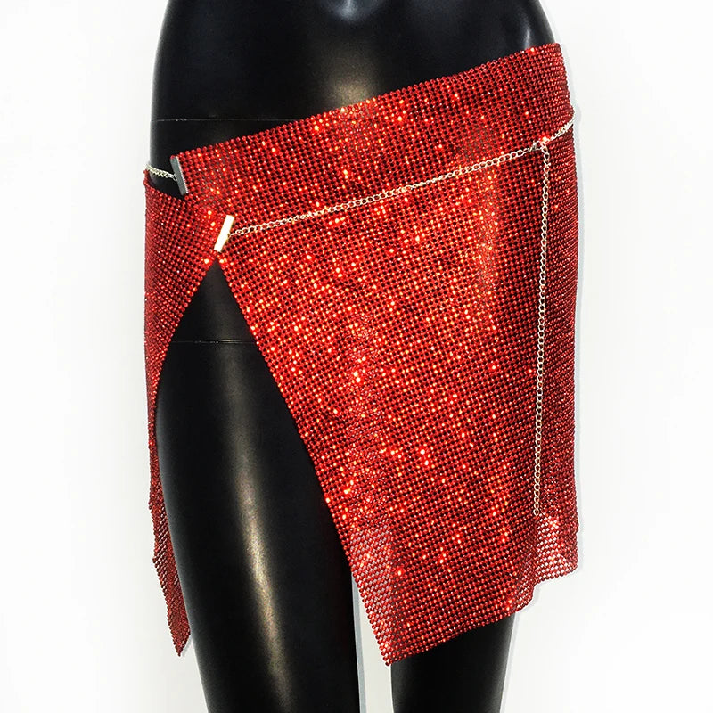 NEW Arrivals 6 Colors Glitter Rhinestone Metal Chain Mini Sexy Skirt For Women Sexy Side Slit See Through Party Skirt Rave Festival Outfits