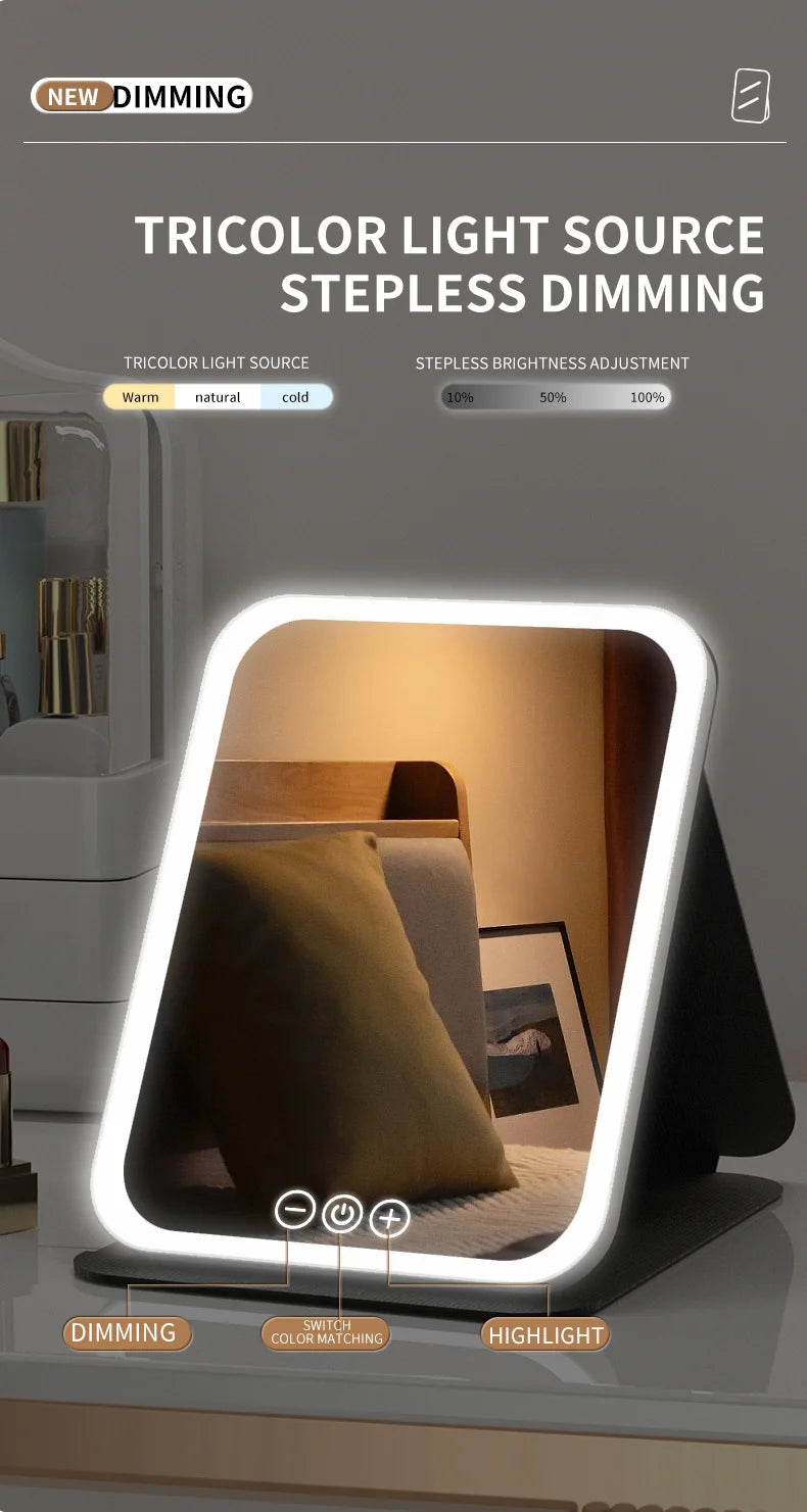 NEW Arrivals LED Dimmable Makeup Mirror 3 Colors Light Modes Adjust Brightness USB Charing Fold Mirror Tabletop Vanity Mirror for Travel Home Cosmetic Accessories
