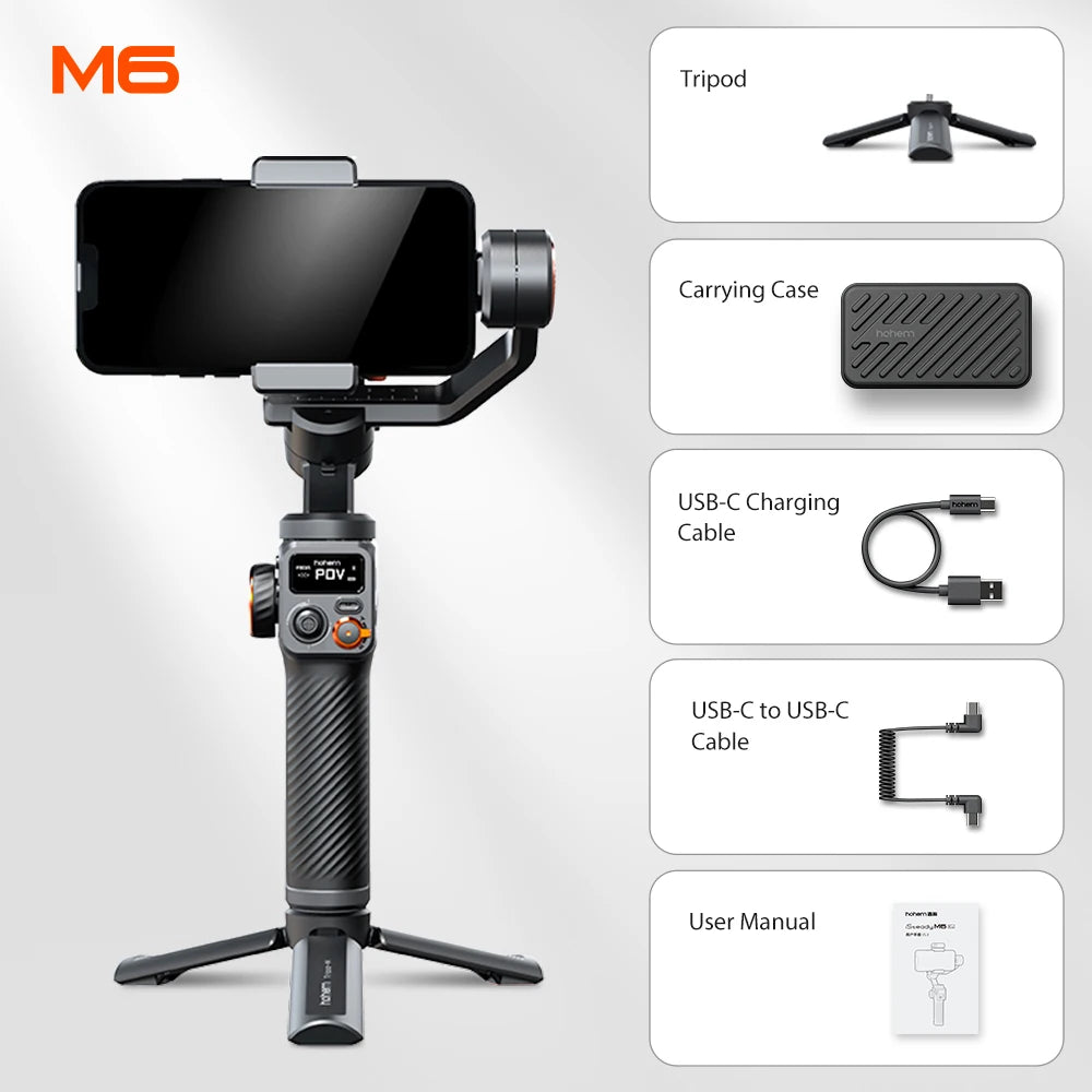 Professional M6 Kit Gimbal for Smartphone Remote Control Tripod Set, 3-Axis Gimbal, AI Tracker, Fill Light,Live Streaming for iPhone 15 Pro Max and Android Stabilizer Mobile Cell Phones Accessories Products Electronic Suppli