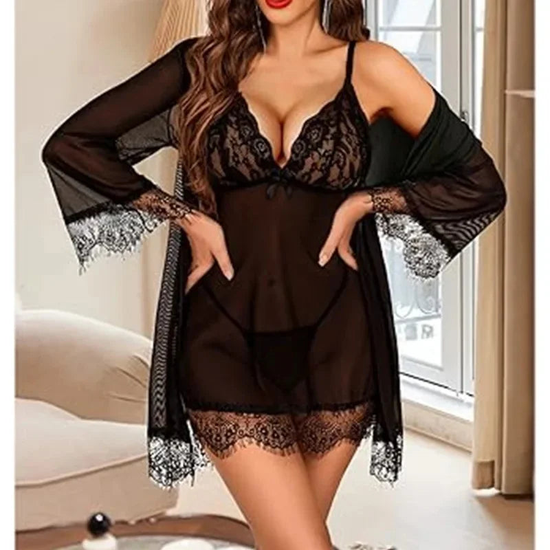 NEW Arrivals 2PCS Set S-2XL 4 Colors Sexy Lace Nightgown Women's Summer Thin Transparent Loose Home Clothes Sleepwear Comfortable Plus Size Underwear Ladies Nightdress Suit
