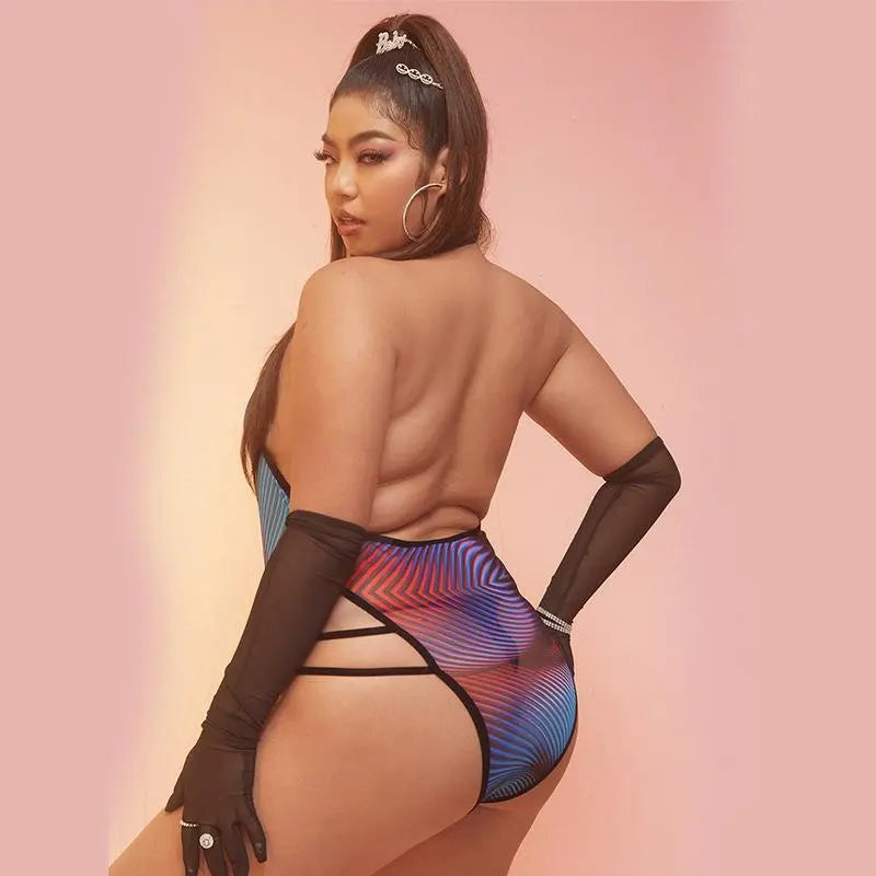 Plus Size Sexy Mesh Pole Dance Bodysuit Zip Open Crotch Swimsuit Women Bar Nightclub Ds Dj Stage Rave Lace up High Cut Bikini