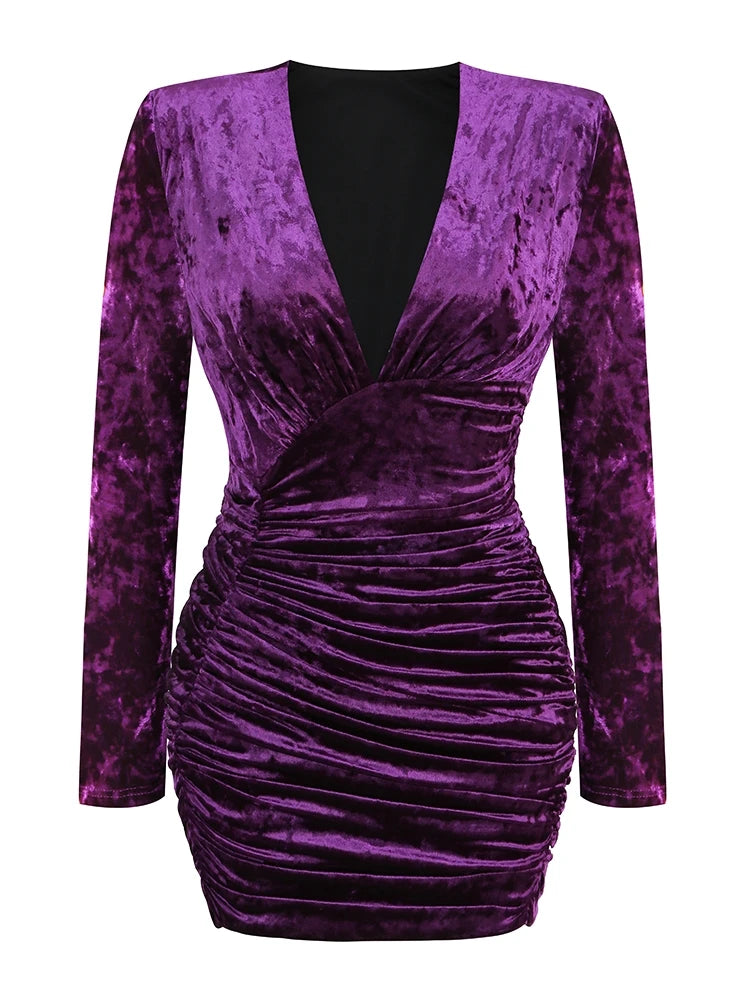 NEW Arrivals Women Female Sexy V-Neck Long Sleeve High Waist Folds Mini Dress Women Cypress Green / Purple Velvet Pleat Bodycon Dress Elegant Evening Party Gown Night Club Outfits Girls Ladies Luxury Fashion Clothing Supplies