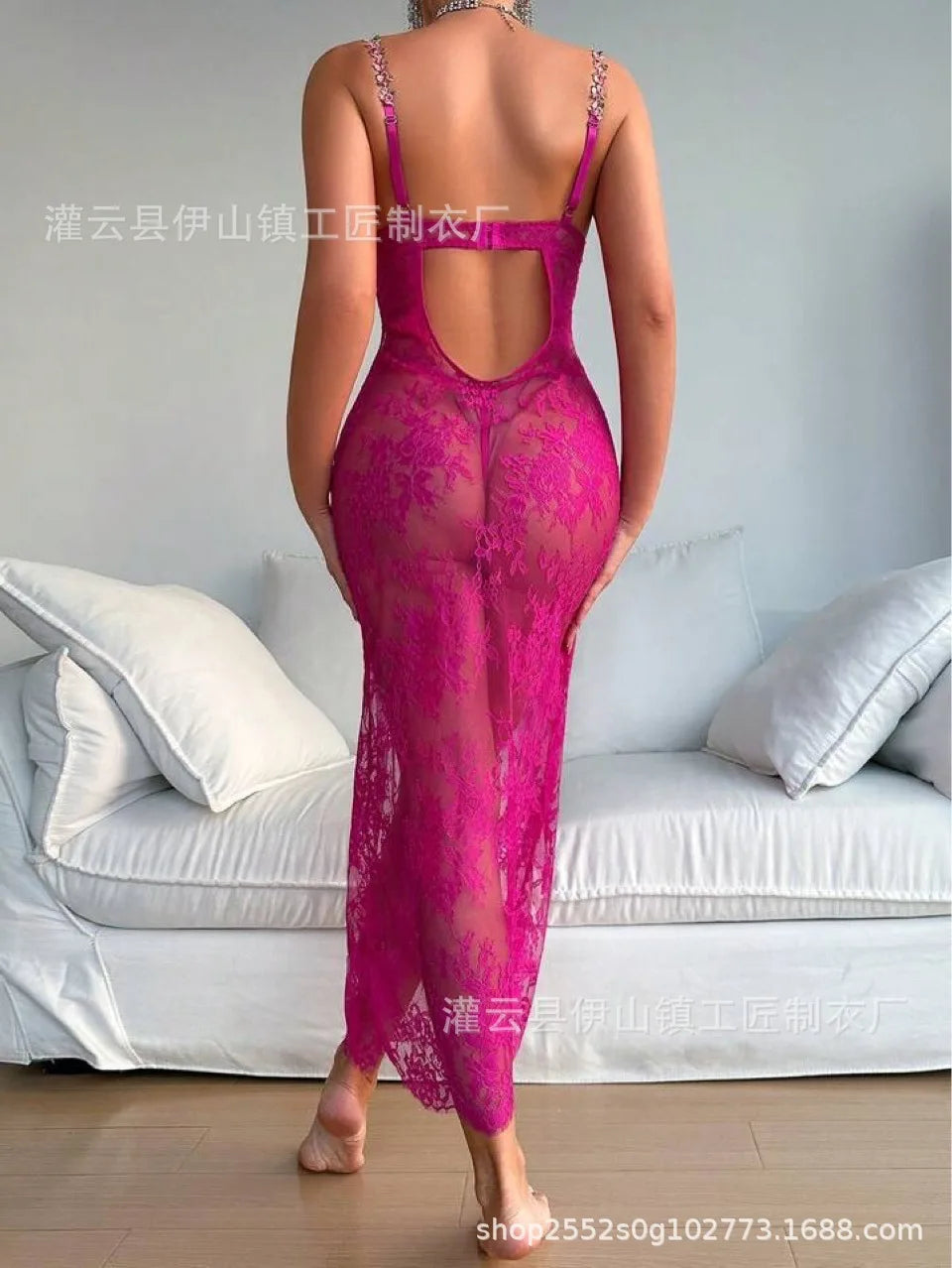 New 4 Colors Sexy Lace Mesh Flower Embroidery Backless Deep V Suspenders Sleeveless Long Dress Women's Thin Pure Desire Casual Style GUT0