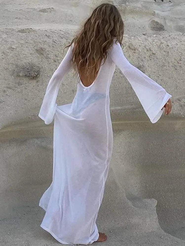 NEW Arrivals Sexy Transparent Black/White Backless See-through Long Dress Women's Summer Slim High Waist Spliced Long Sleeve Solid Color Evening Nightclub Beach Party Ladies Long Dress