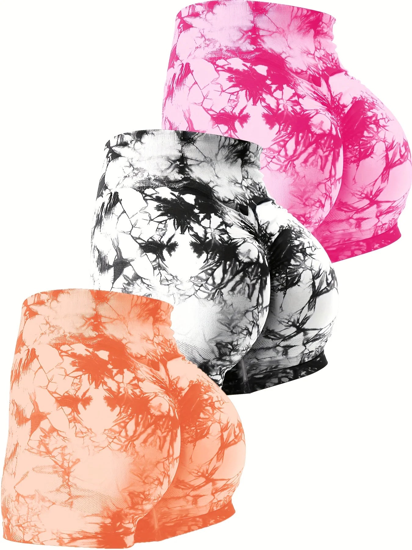 NEW Arrivals 3PCS Set Women High Waist Seamless Tummy Control Yoga Shorts - Sporty Tie Dye, Breathable Fitness Outdoor Running Hiking Gym Girls Sexy Sports Apparel Supplies