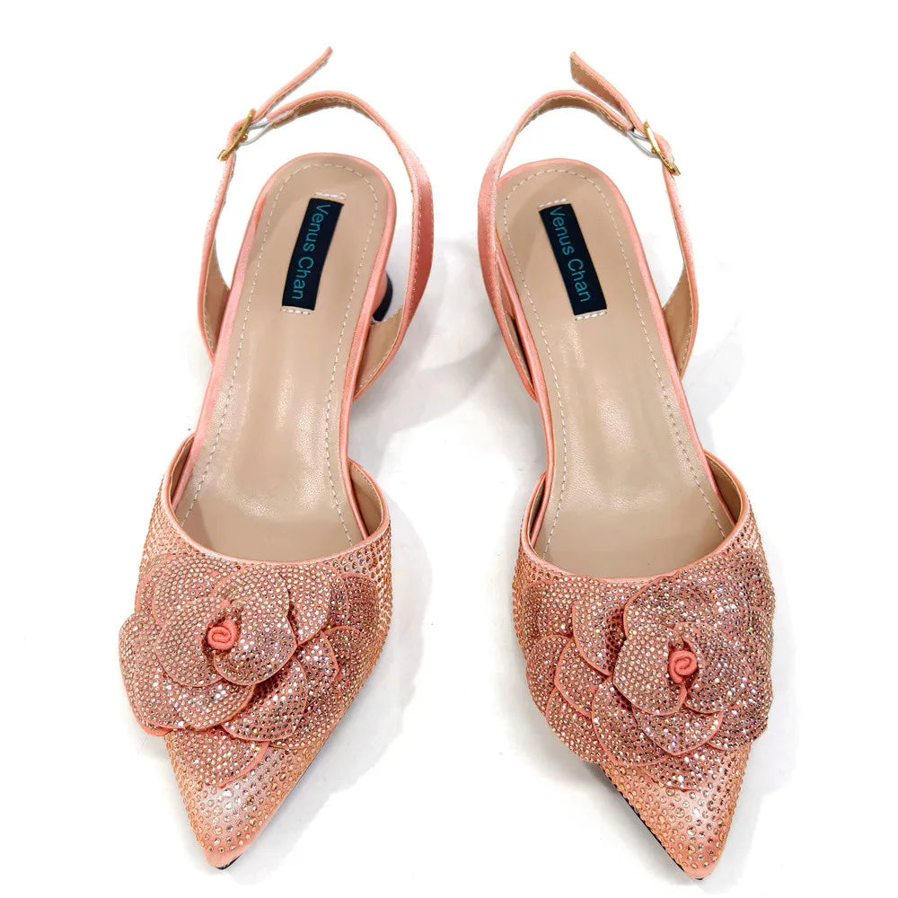 Italian Design Handmade Silver/Green Peach Color Elegant Lady Shoes And Bag Set with Rhinestones Embellished Pearls-knot Wear-Resistant And Comfortable Heel Evening Wedding Party Shoes Ladies Luxury Fashion Clothing Supplies