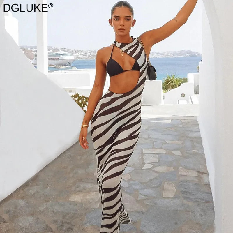 Zebra Long Beach Dress Cover-Ups Sexy Transparent Mesh Maxi Dress Cut Out Bodycon Summer Holiday Vacation Dress Women