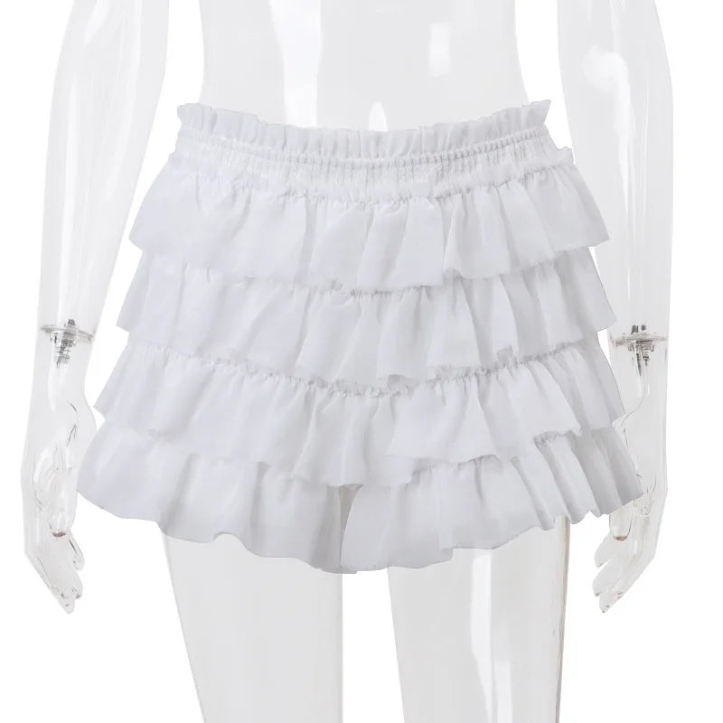 Fashion Y2K Ruffle Tiered Mini Skirts Co-ord Sets Elegant Outfits Tie Front Tops and Skirt 2 Piece Matching Sets
