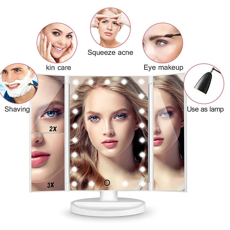 22 LED Light Vanity Mirror 1/2/3X Magnifying Cosmetic 3 Folding Makeup Mirrors 180 Rotation Stepless Dimmer Beauty Table Mirrors