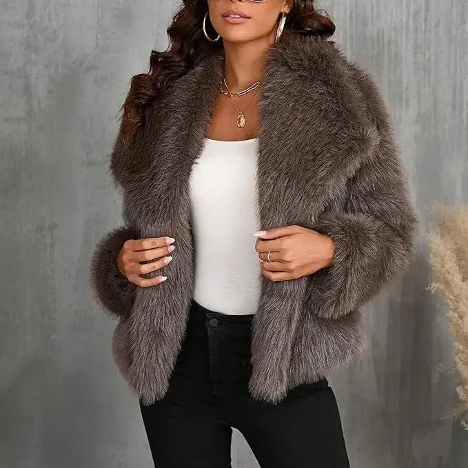NEW BIG SAVE S-3XL Women's Luxury Italian Style Cropped Faux Fur Jacket Plush Warm Long Sleeve Winter Snow Clothes Supplies Fur Coat Girls Jacket Shaggy Furry Outerwear with Pockets Female Ladies Luxury Fashion Clothing Prod