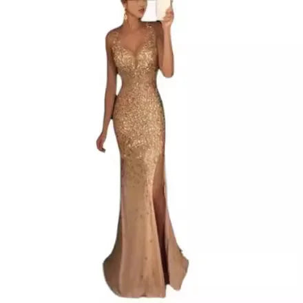 NEW Arrivals S-2XL 4 Colors Summer Sexy Cross-Border Side Slit Gold-Embellished Long Dress Evening Party Dress Red Carpet Formal Celebrity Wedding Guest Luxury Maxi Dress