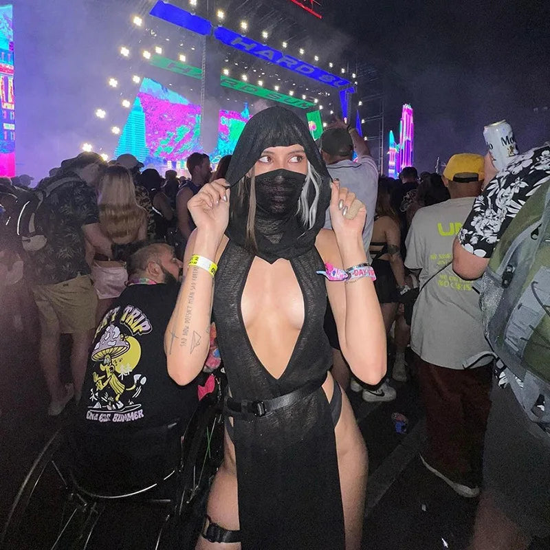 NEW Arrivals UK Size Sexy Punk Gothic Dress Women Vintage Streetwear Cyber Y2K Mesh Hollow Out Sleeveless Hooded Cut Out Butt Dress EMO Alt Grunge Clothes