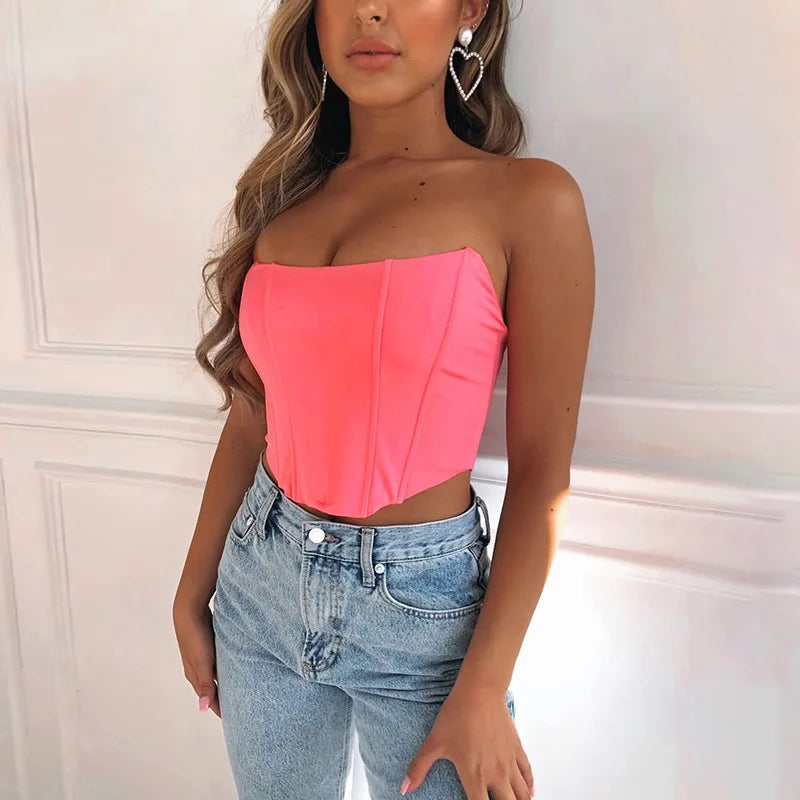 NEW Arrivals 4 Colors Women Sleeveless Off Shoulder Fashion Sexy Corset Crop All Seasons Tops Vest Female Underwear Backless Bustier Top Solid Girls Casual Clothing Supplies