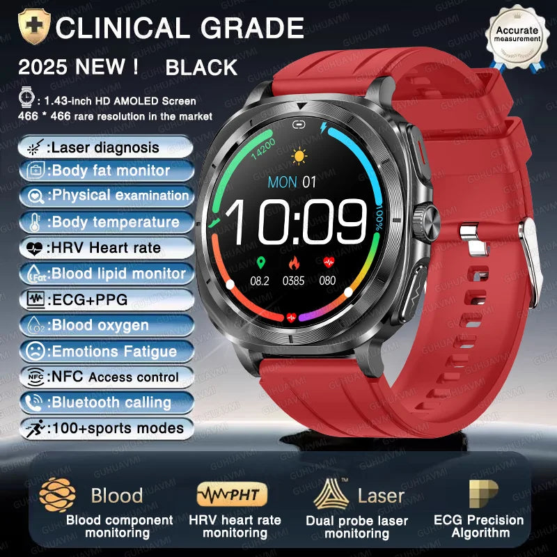 New Laser Therapy ECG Blood Pressure Smart Watch Uric Acid Blood Lipid Organ monitor Clock NFC BT Call Health Watches Men Health Care Supplies