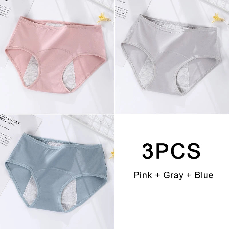 3PCS/Set Women's Menstrual Briefs Panties Large Flow Postpartum Water Absorption Leak Proof Waterproof Briefs Women's Pure Cotton Menstrual Panties Set Women Underwear Clothing Period Hygiene Lingerie Health Care Supplies