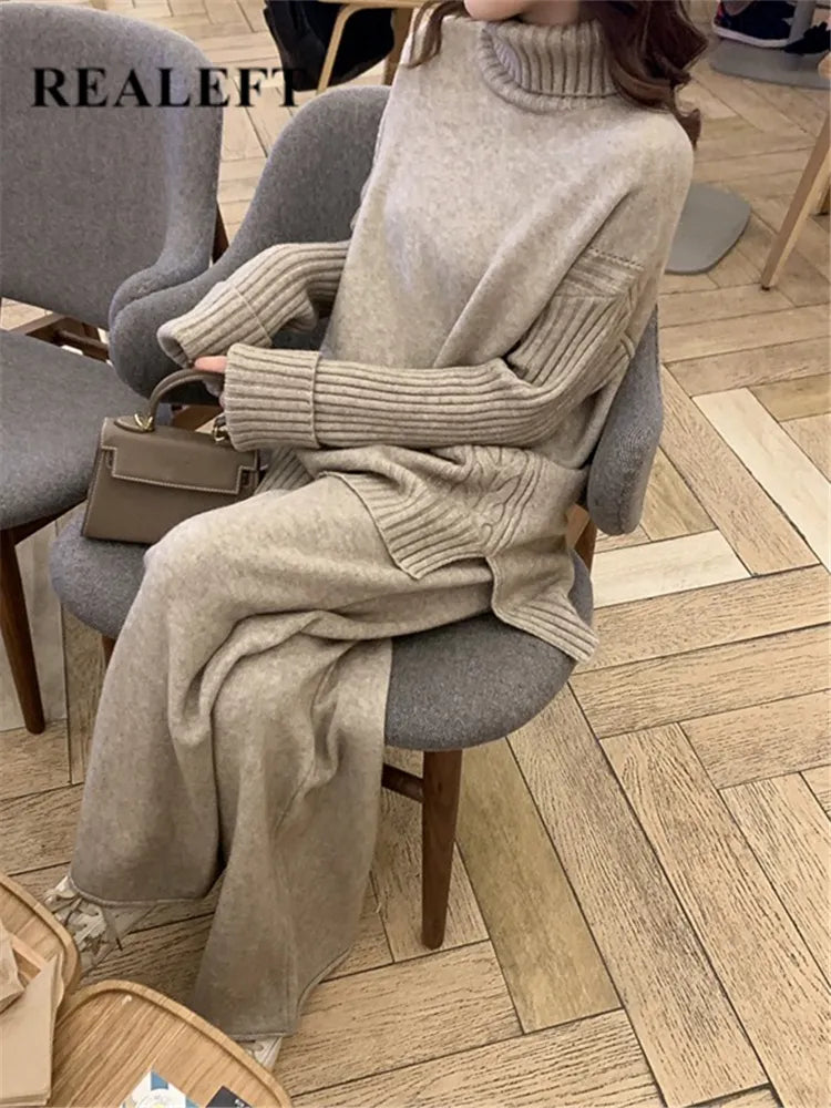 Autumn Winter 2 Pieces Women Sets Knitted Tracksuit New Turtleneck Sweater and Wide Leg Jogging Pant Pullover Suits