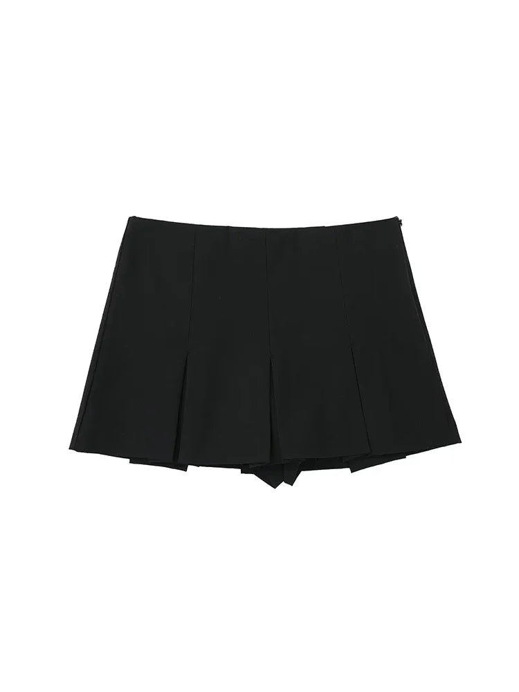 Willshela Women Fashion Solid Pleated Side Zipper Skirts Shorts Vintage High Waist Female Chic Lady Shorts