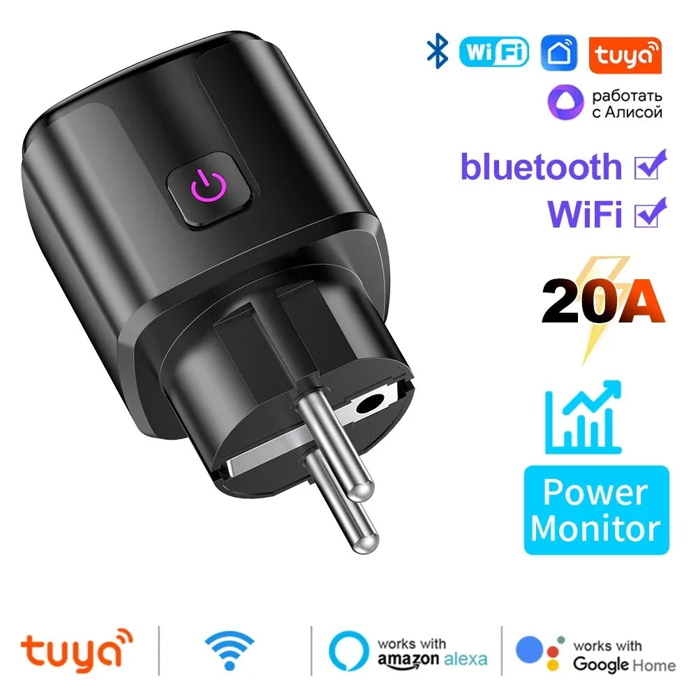 NEW Arrivals TUYA App Wi-Fi + Bluetooth 20A Socket Smart EU Plug With Power Monitoring Timer Child Lock Outlet Google Home Alice Smart Devices Alexa Google Support Home Smart Life Supplies