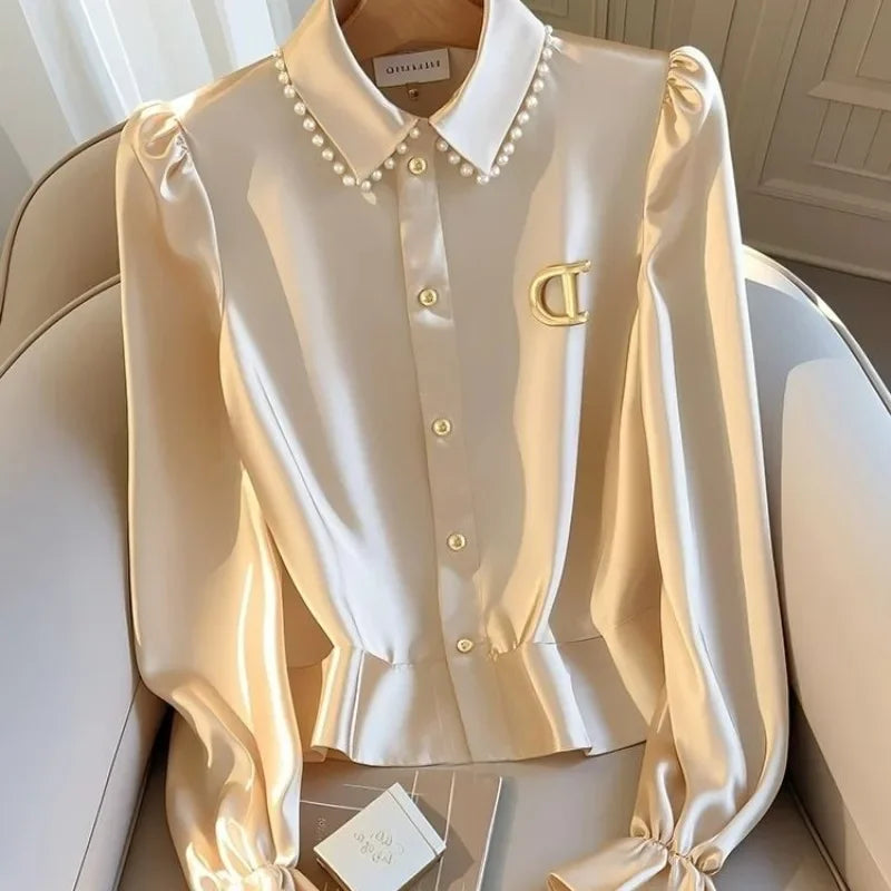 NEW Arrivals M-2XL UK Size Luxury Satin Casual Women's Blouses Spring/Summer New Solid Shirts Slim Fit Long Sleeves Top Women Clothing Sales Ladies Luxury Fashion Apparel Accessories