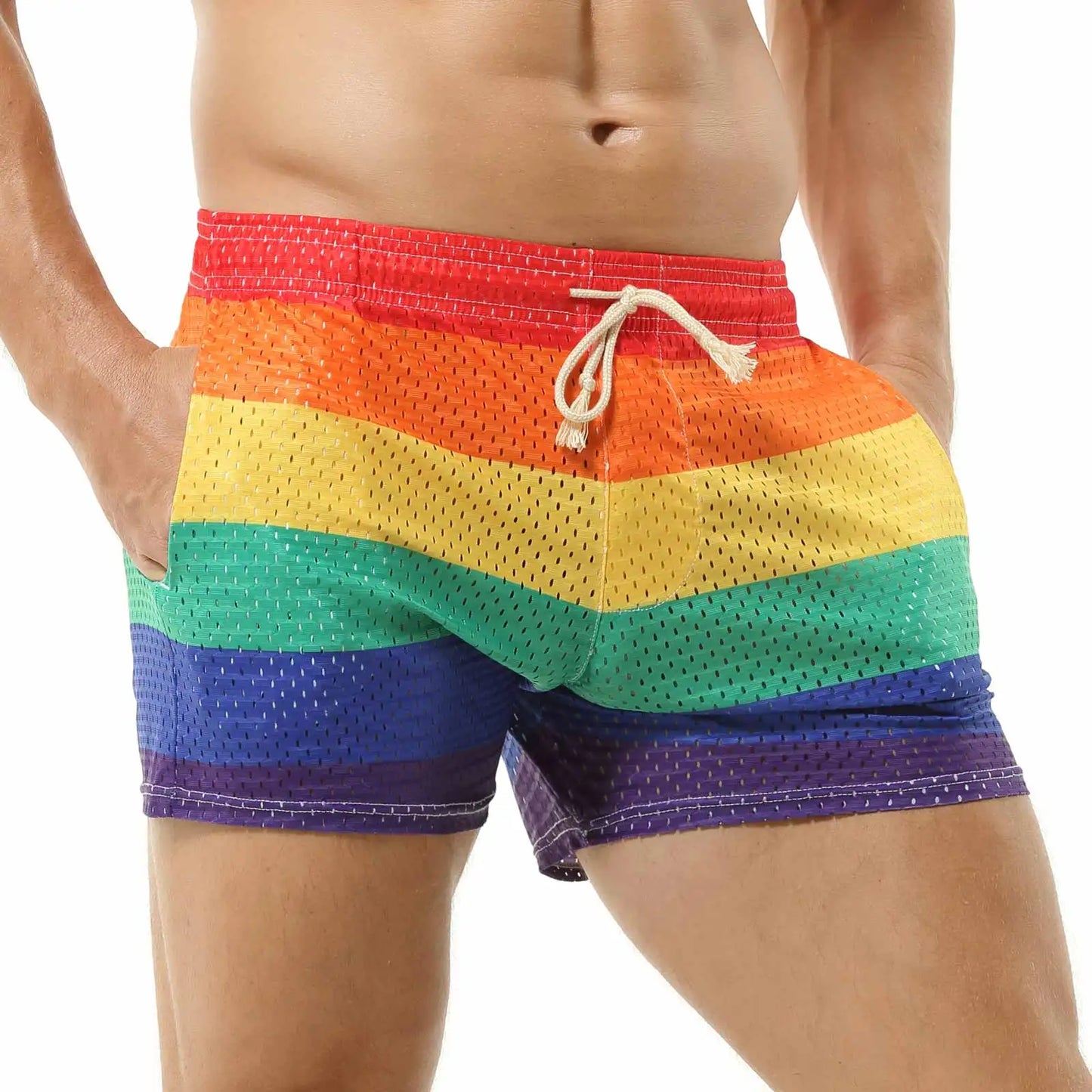 CLEVER-MENMODE Men Underwear Sexy Rainbow Boxer Shorts Trunks Mesh Bottoms See Through Boxershort Drawstring Underpants Pocket