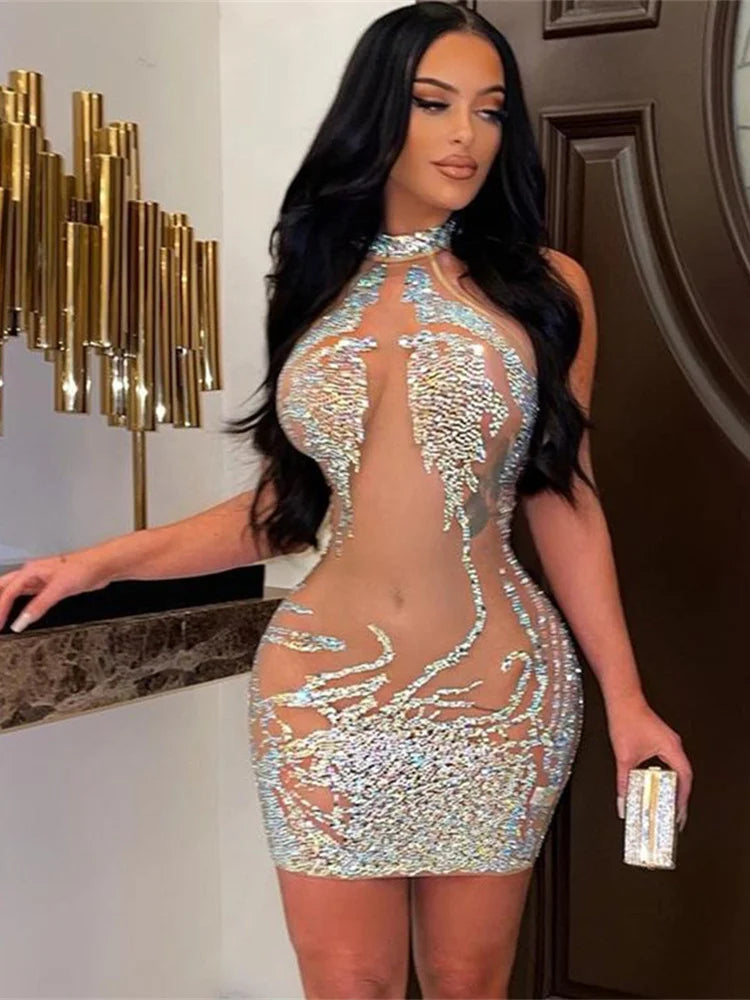 S-2XL Gold/Silvery Color Sexy Skinny Women See Through Luxury Dress Mesh Shiny Rhinestones Transparent Coquette Mini Bodycon Hot Girls Ball Gown Party Night Clubwear Mini Dress