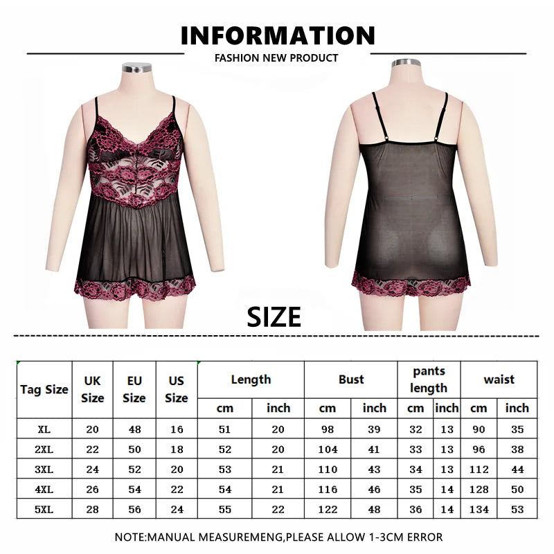 NEW Arrivals XL-5XL Curvy Ladies Sexy Lace Panel Sling Pajamas Dress Sheer Lace Pajamas Suspender Nightdress Lace Sleepwear Sexy Lingerie For Women Big Girls Sexy Fashion Lingerie Supplies