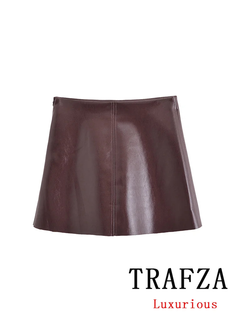 NEW Arrivals 2PCS Set UK Size Luxury Vintage PU Leather Women Suit Long Sleeve Turn-Down Collar Jackets Straight Mini Skirt Fashion Autumn Winter Suit