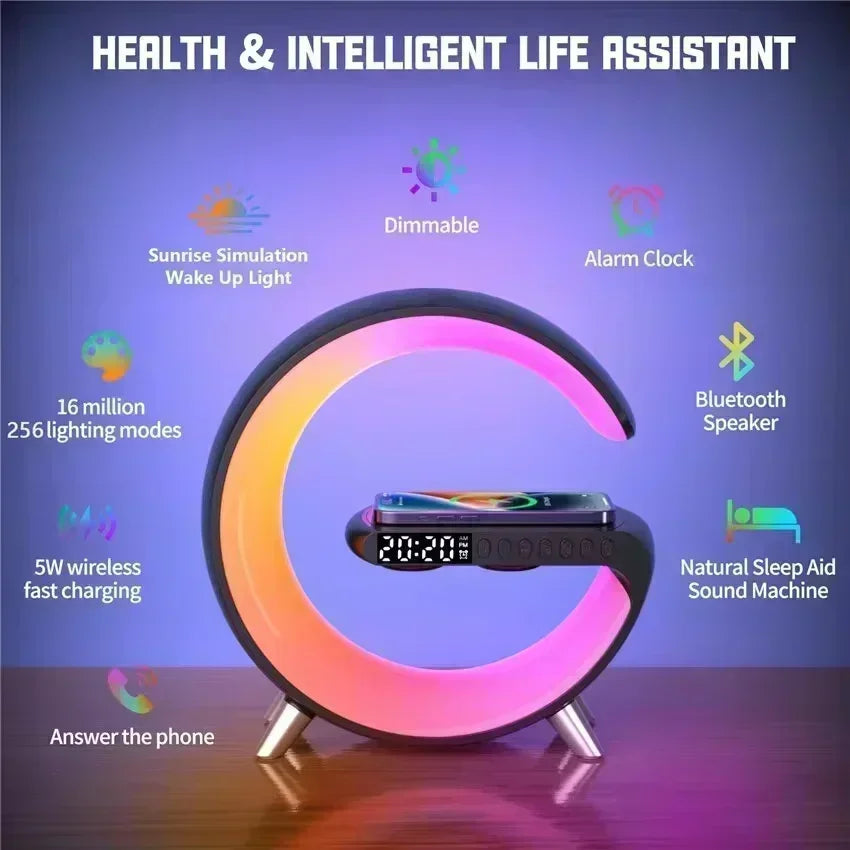 NEW Arrivals LED Smart Wake Up Light RGB Night Light with App Control, Bluetooth Speaker 15W Fast Wireless Charger Desk Lamp for Bedroom Bedside Game Room