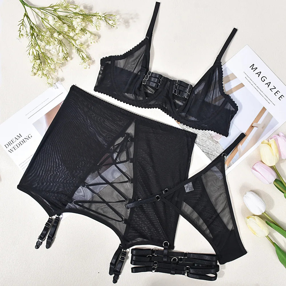 Yimunancy Cut Out Erotic Set Women Mesh Transparent 4-Piece Black Garter Lingerie Set Back Open Brief Underwear Set