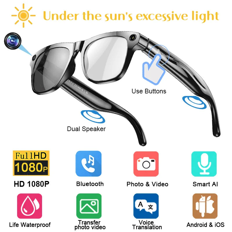 NEW 4K AI Translation Graphs English Language Smart Photochromic Glasses Multifunction Camera Bluetooth Call Voice Assistant Music Player Translate Glasses Business Meetings for Xiaomi