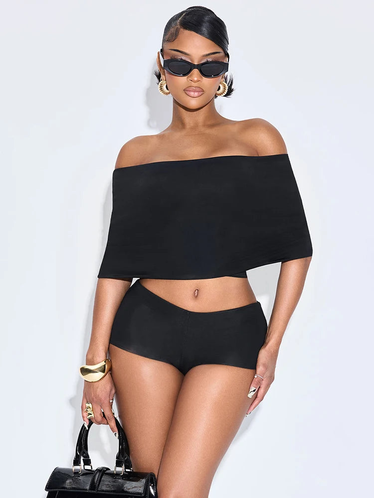 NEW 3PCS Set Black/Dark Brown Color Hipster Women Slash Neck Mid Sleeve Crop Tops +Shorts +Foot Cover Simple Summer Trend Matching Streetwear Suit