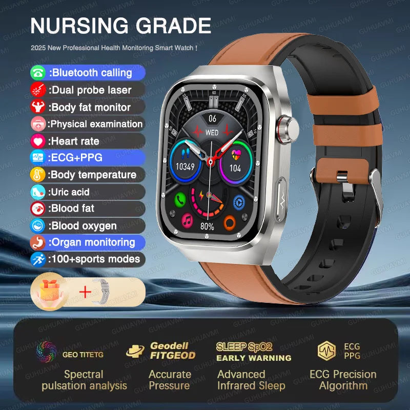 NEW Arrivals Micro Physical Examination ECG Smart Watch Women Men Uric Acid Body Fat Five Organ BP Health Watches HD Call Smart Bracelet Health Care Supplies