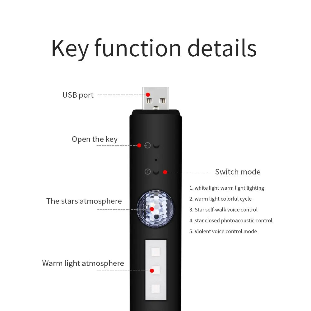 LED Car Atmosphere Lamp Wireless Voice Roof Star Light USB Charing Auto Interior Decorative Ambient Party Lights
