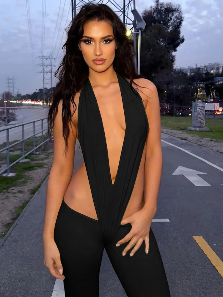 NEW Arrivals Pink/Yellow/Black Color UK Size Sexy Hot Irregular Hollow Sexy Jumpsuits Women Bandage Halter Deep V-Neck Backless Skinny Stretch Hot Girls Hipster Streetwear