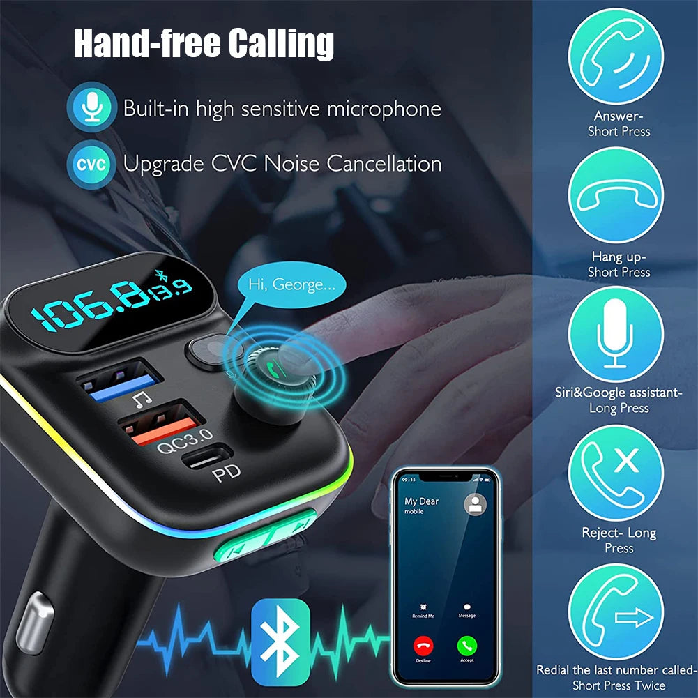 Car Bluetooth 5.0 FM Transmitter QC3.0 PD Type C Dual USB Car Charger Ambient Light Handsfree Mp3 Player Support TF Card