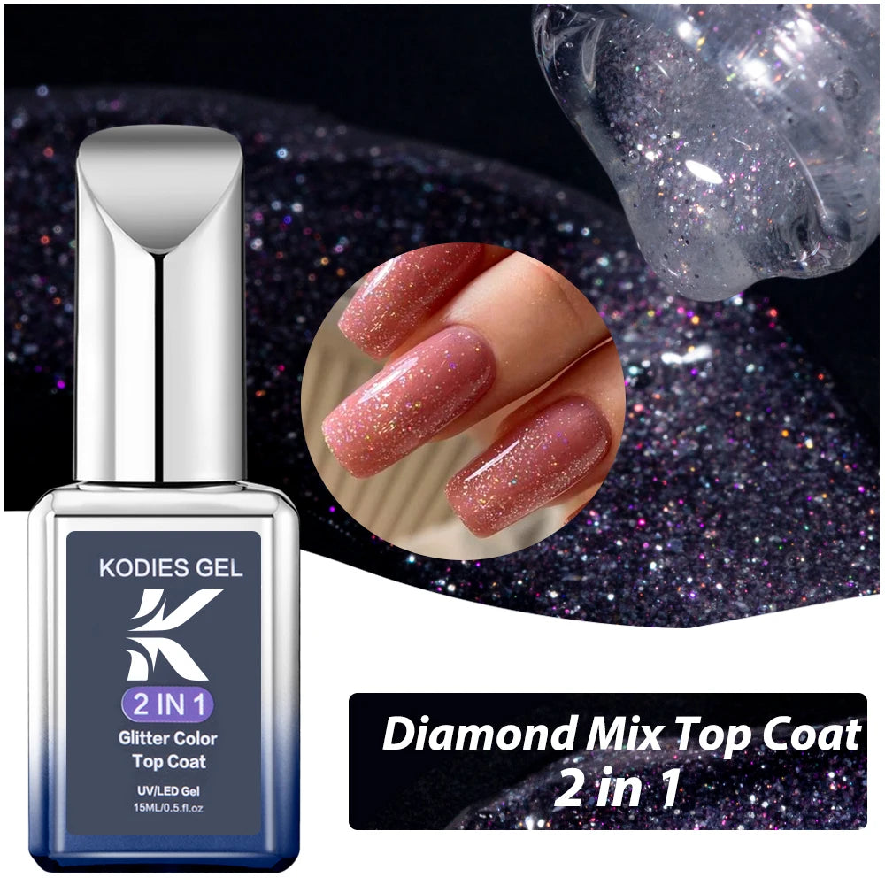NEW Arrivals 4 in 1 Diamond Mix Korean Keratin GEL Super Shine Top Coat No Wipe Gel Nail Polish 15ML Semi Permanent UV High Glossy Gel Finish Sealer Manicure Topcoat Ladies Girls Cosmetic Accessories