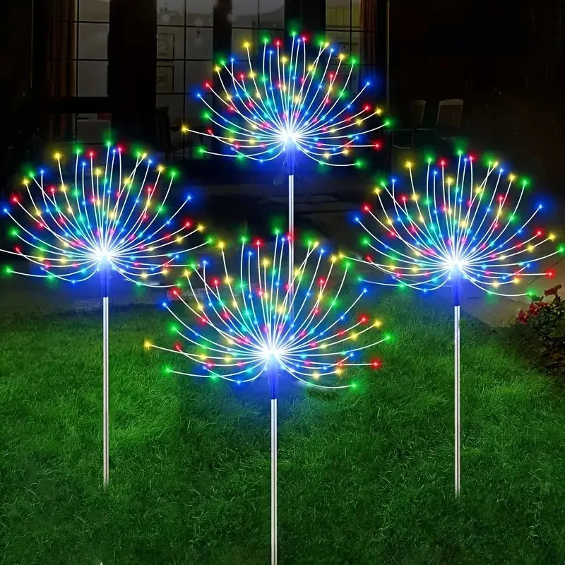 NEW Arrivals 4PCS Set Solar Garden Lights 200LED Waterproof Outdoor Lighting with Installation Hardware Firework Lights for Pathway Lawn Christmas Holiday Decoration Supplies
