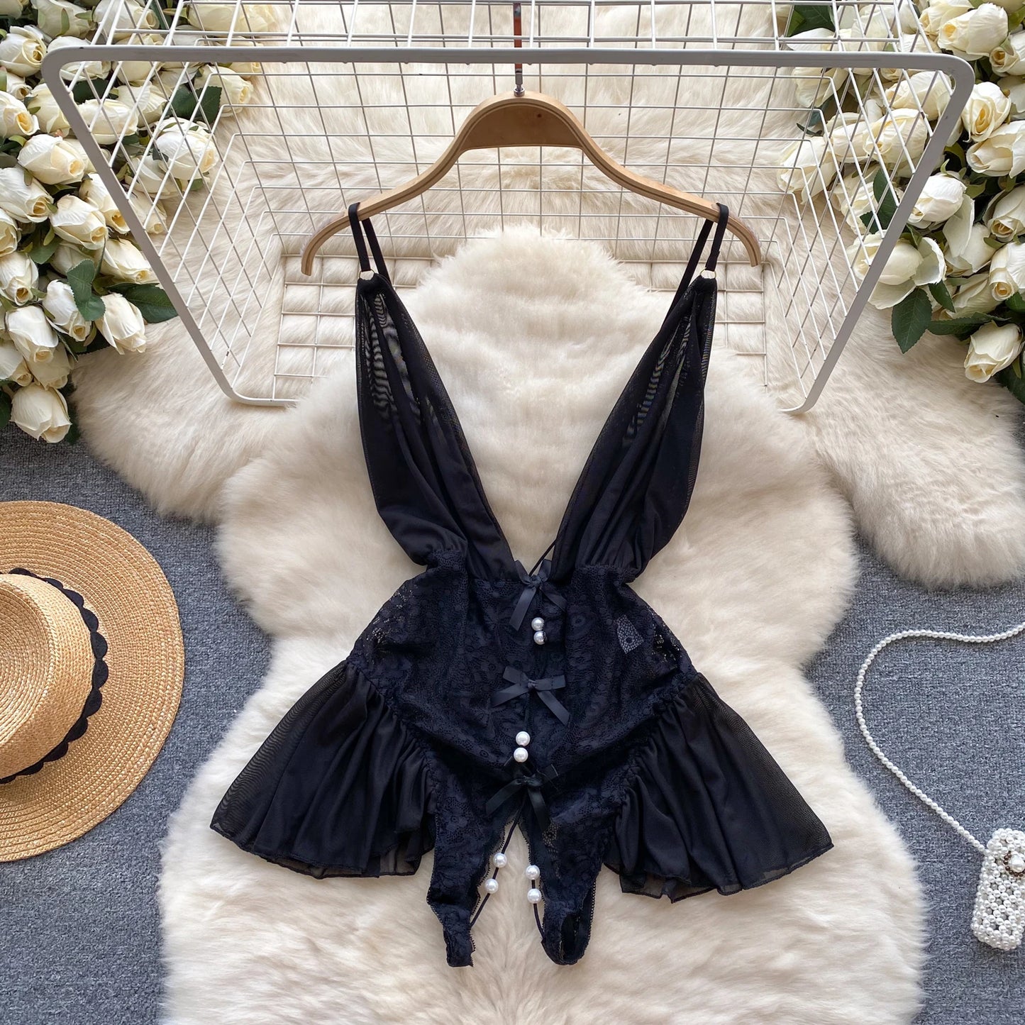 NEW Arrivals Black/Red Beaded Lace Strappy Rompers Jumpsuit Lingerie One Piece Combination Catsuits Skinny Sexy Bodysuits V-Neck Women Solid Clothes
