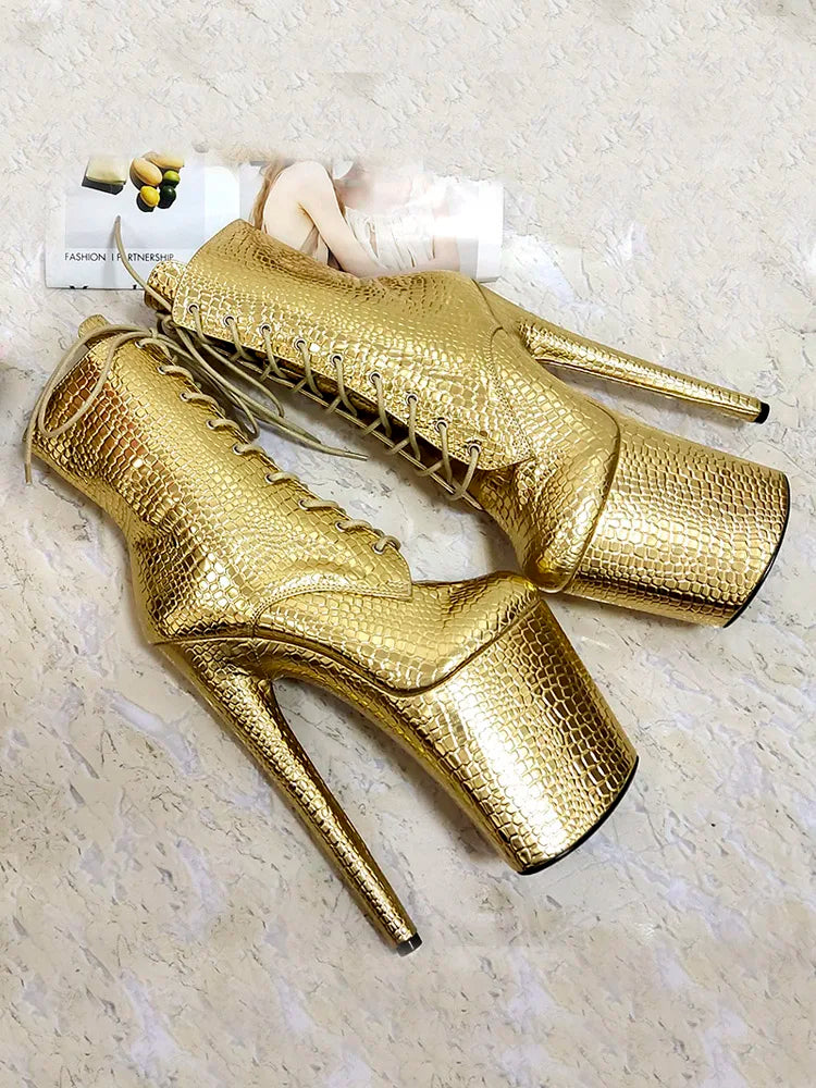 8Inch Exotic Dancer Sexy Fetish Stripper Thin High Heels 20cm Party Catwalk pole dance shoes Gold Sneakers Big Size Ankle Boots