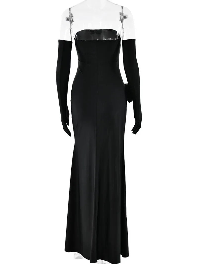 NEW Arrivals Red/Black Women Luxury Strapless Flower High Slit Long Maxi Formal Dress Autumn Long Sleeve Gloves Bodycon Sleeveless Wedding Birthday Party Night Club Business Dinner Dresses Ladies Luxury Fashion Clothing Suppl