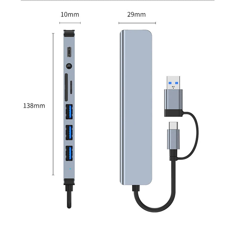 NEW Arrivals 8 in 2 USB +Type C HUB Docking Station with 3.5mm Audio Jack Adapter Micro SD Card Reader Laptop Tablet Phone Disk Converter Computer Accessories Electronic Supplies