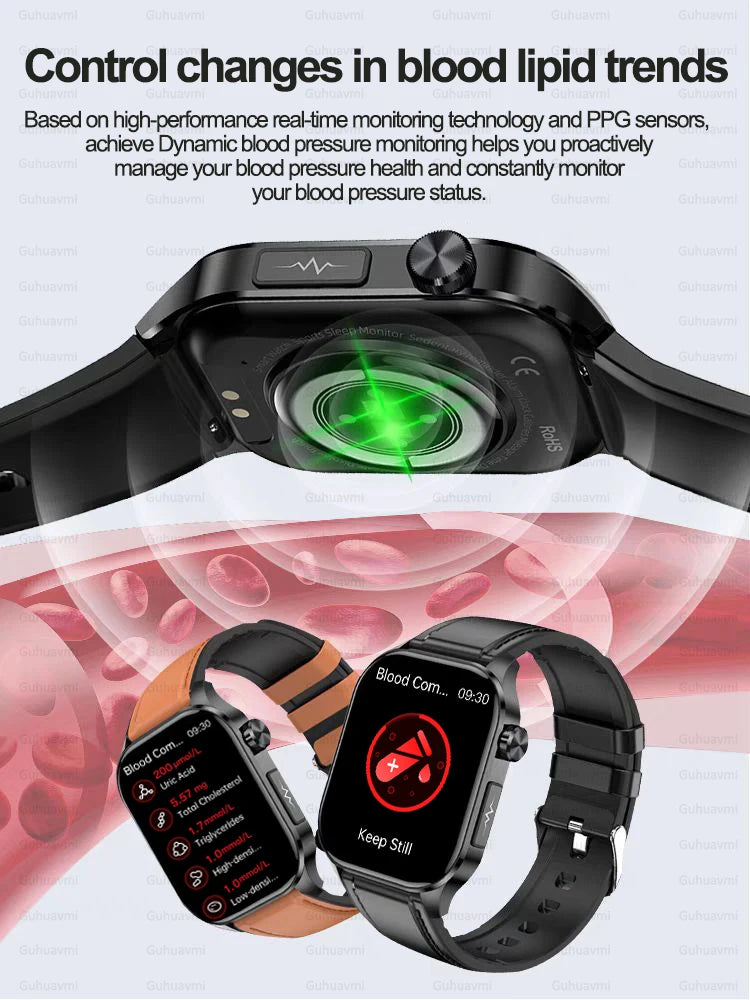 NEW HOT SALE All Scientific Medical Diagnosis Blood Glucose Fat Oxygen Blood Pressure Heart Rate Multi-Languages Lipids Monitor Health Smart Watch Men ECG+PPG IP68 Waterproof Sport Smart Watch Sports Electronics Accessories