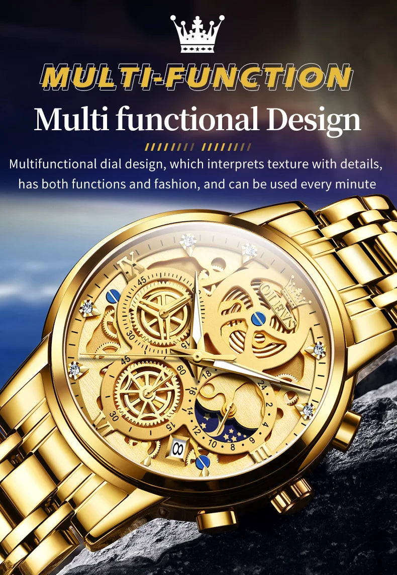NEW 100% Original OLEVS Luxury Men's Watches Top Brand Luxury Original Waterproof Quartz Watch for Man Gold Skeleton Style 24 Hour Day Night Wristwatch Perfect Gift for Husband Boyfriend