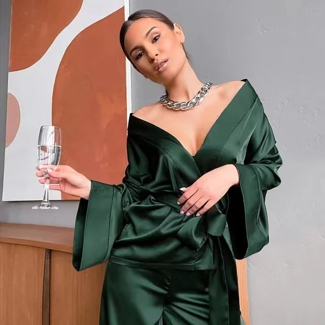 NEW 2PCS Set S-3XL Plus Size 5 Colors Solid Women Luxury Robes with Sashes Wrist Sleep Tops Satin Pants Loose Pajamas Casual Sleepwear Female Home Suits