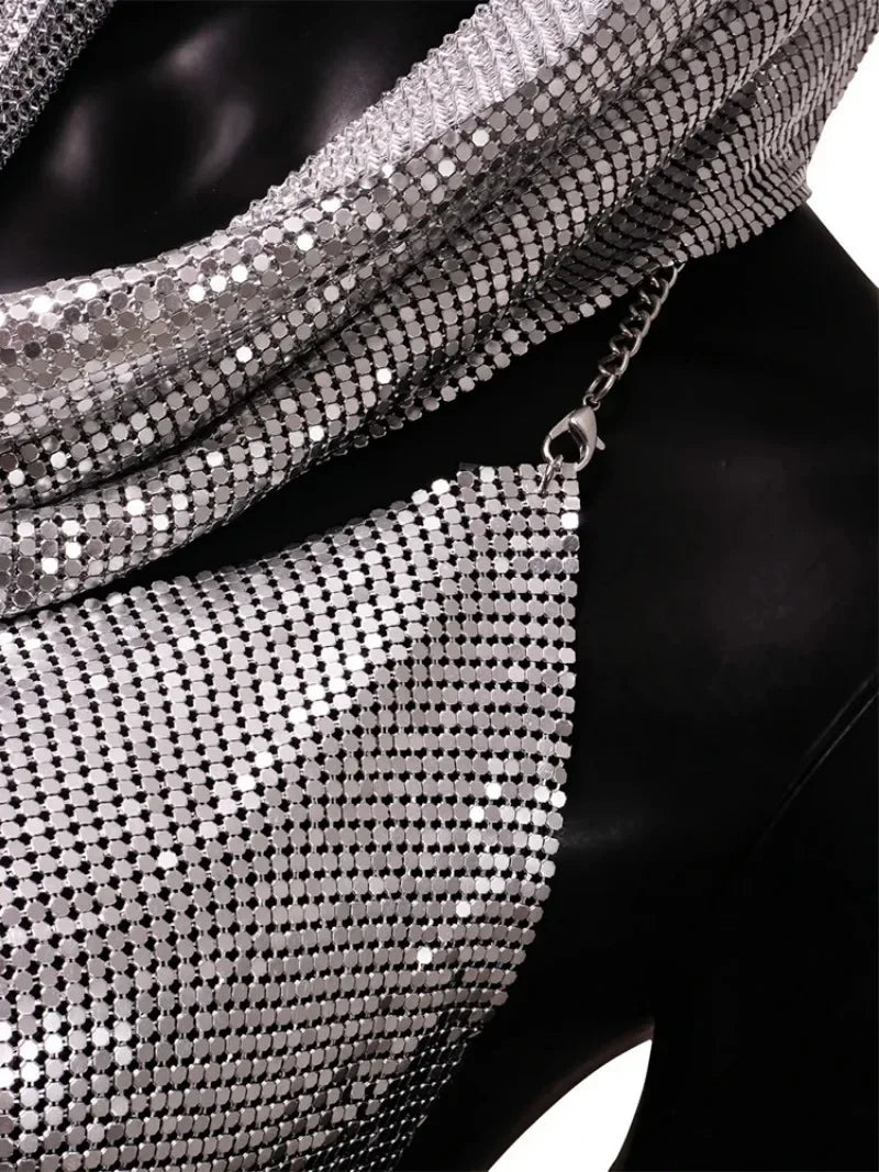Fashion Metal Sequined Y2k Women Crop Top Tank Tops with Headscarf Metallic Sequins Sexy Backless Hollow Out Halter Corset top