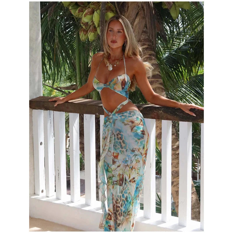 NEW Arrivals UK Size Women Sexy Bikini Patchwork Ruffles Long Dress Fashion Hollow Out Off Shoulder Slim Halter Lady Evening Beach Party Night Clubwear Outfit