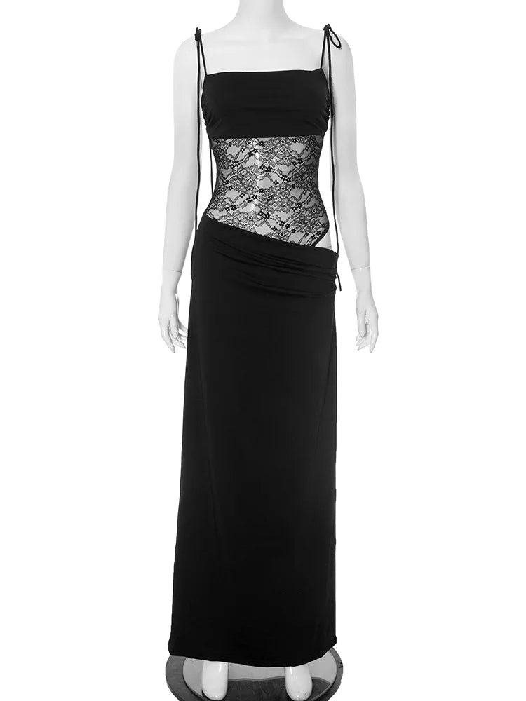 NEW Arrivals 4 Colors Elegant Lace Cut Out Maxi Dresses for Women Sexy Spaghetti Strap Patchwork Holidays Party Dress Summer Backless Long Dress