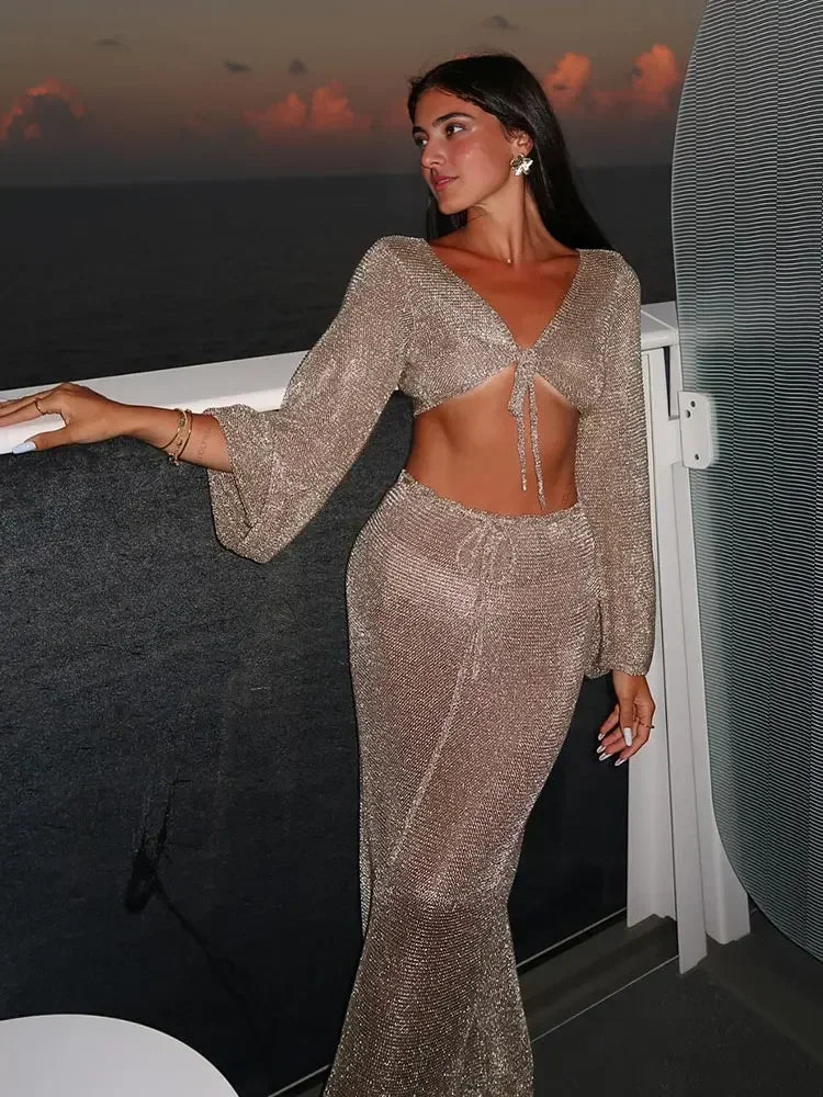 NEW 2PCS Set White/Khaki Solid Color UK Size Sexy Beachwear Swimsuit Cover Up Knit Summer Women's Big Bell Sleeve Lace-Up Top Long Skirt Set K128